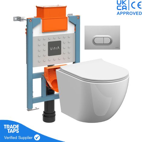 Rimless Wall Hung Toilet Pan with VITRA 0.82m Low Height Concealed Cistern Frame  WC - Steel Anti Fingerprint Dual Flush Plate (1/5)