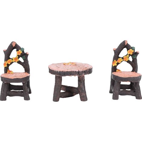 Ensemble Miniature Table et 2 Chaises Résine Imitation Bois Décoration Jardin Intérieur Extérieur Peint à la Main Imperméable (1/4)