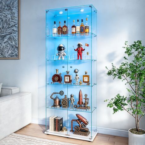 JOOKGBD–Glasvitrine Standvitrine mit LED,2 Türen,5 Glasböden,Vitrinenschrank für Wohnzimmer,Büro,Sammlervitrine,Weiß