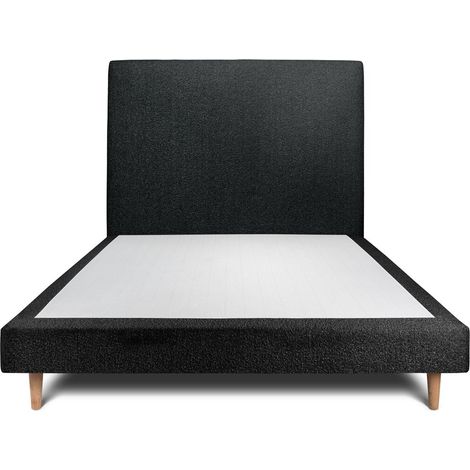 Lit 150x190cm avec tête de lit tapissier bouclette et sommier tapissier Noir - Hauteur totale : 29cm (1/5)
