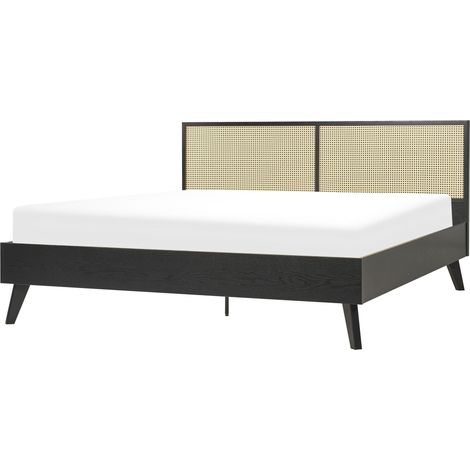 Letto matrimoniale nero in legno di pioppo con testiera in vimini 180 x 200 cm Monpazier (1/5)