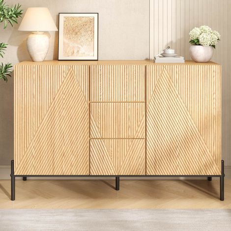 Buffet en bois moderne 115,5 x 40 x 76 cm 3 tiroirs 2 portes de rangement et Étagères réglables Pieds en métal Naturel (1/5)