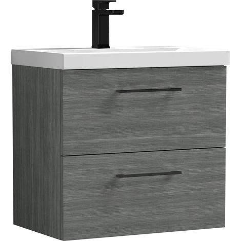 Balterley 600mm Wall Hung Bathroom 2 Drawer Vanity Unit and 1 Tap Hole Ceramic Basin, Woodgrain Anthracite with Black Handles