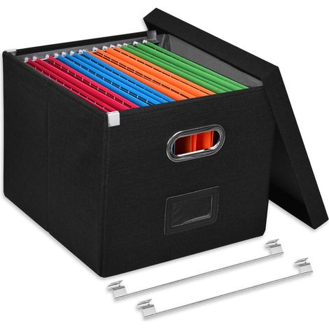 Boîtes de rangement avec couvercle, Boîte à dossiers suspendus en panneau de fibres et papier avec aspect lin élégant, noir, FGBK-S-DE (1/5)
