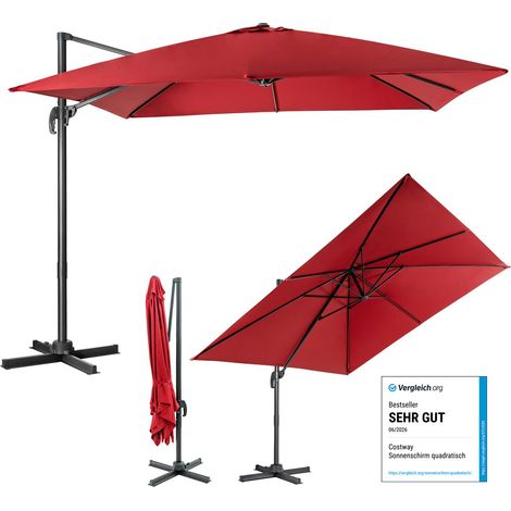 COSTWAY Sonnenschirm Φ300cm Ampelschirm, Terrassenschirm neigbar, Gartenschirm mit Kurbel & gekreuzter Basis, grosser Regenschirm Strandschirm Rot