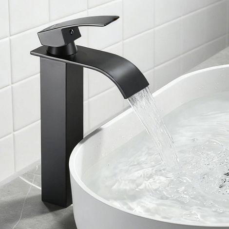 Waschtischarmatur Wasserfall Schwarz, Einhebelmischer für Warm-/Kaltwasser, Hoch (1/5)