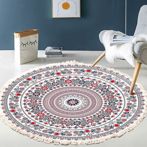 Hand Woven Cotton Round Area Rug, Mandala Pattern, Bohemian Vintage Style, with Tassels, Machine Washable, for Bedroom, Hallway, Living Room, Coffee Table, 60cm