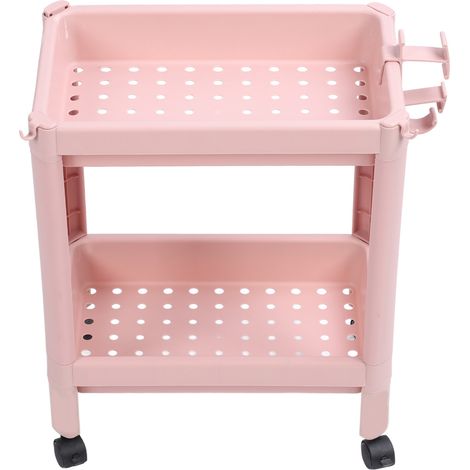 Étagère de salle de bain à poser au sol, 2 niveaux rose, stable et durable, avec roulettes, rangement d'angle autoportant (1/5)