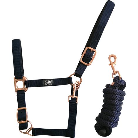 Pony, Nero: Cavezza in nylon con rinforzo in neoprene e fibbie cromate color oro rosa