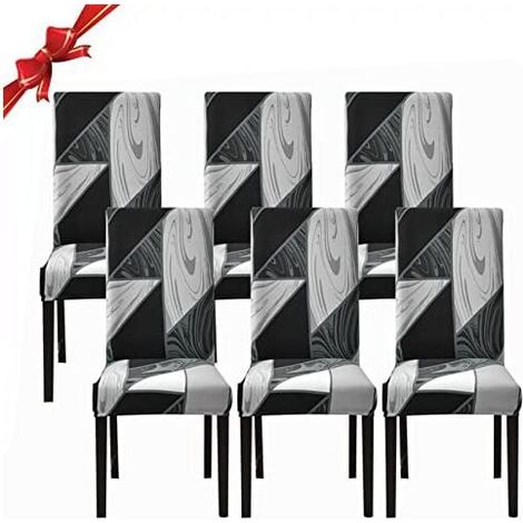 Juego de 6 fundas para sillas de comedor, elásticas, lavables y extraíbles (geometría negra, paquete de 6) (1/4)