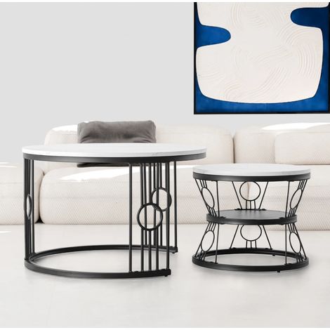 Lot de 2 tables basses avec pieds ronds en métal noir, 70x70x45 cm et 45x45x37 cm, MDF, blanc (1/5)