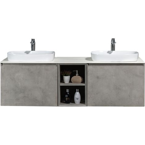 BERNSTEIN - Meuble vasque suspendu MDF Béton, lavabos Blanc mat + trous robinet + 2 tiroirs - 150x45x52cm - INALCO 1500 (1/5)