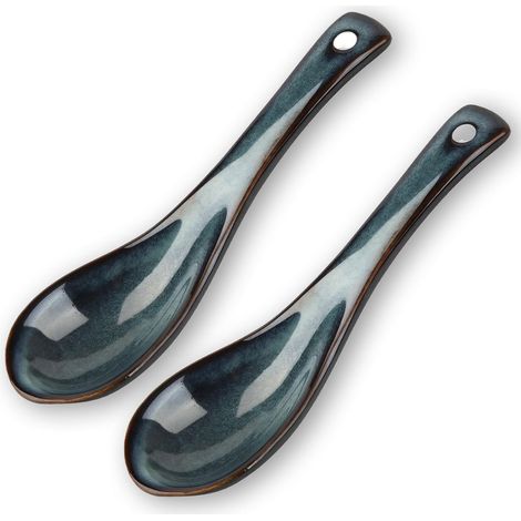 2 PCS Cuillère à soupe,Céramique,Design rétro bleu,Porcelaine,Ramen et soupe miso