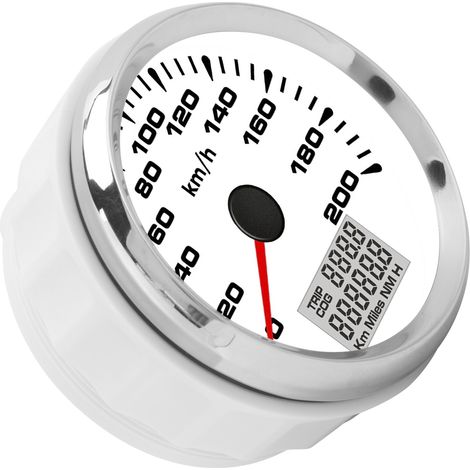 Compteur de vitesse GPS analogique 85 mm, étanche, 200 km/h, cadran blanc rétroéclairé 7 pouces, lunette chromée, pour applications marines, motos et camions (12/24 V). (1/5)