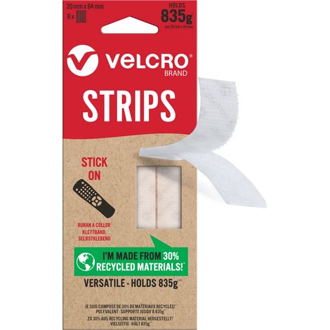 VELCRO Strisce adesive ecologiche, senza viti, resistenti e autoadesive, perfette per decorare la stanza e la casa, l'ufficio, il garage, colore bianco, 20 mm x 64 mm, set da 8 (1/5)