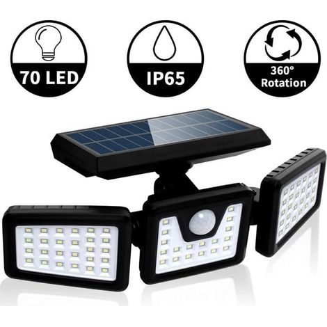 (Schwarz) Solar-Wandfluter mit 3 Leuchtenköpfen, 70 LEDs und Bewegungsmelder – Schwarz (1/4)