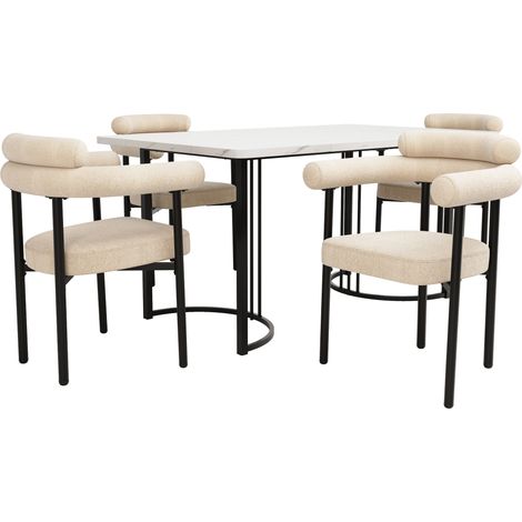 Juego de mesa y 4 sillas de comedor 5 piezas con patas de metal y sillas de terciopelo beige HOMVRA (1/5)