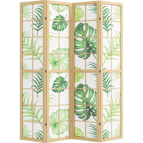 Paravent 4 pièces pliable, style bohème, motif tropical, autoportant, cadre en bois, vert (1/5)
