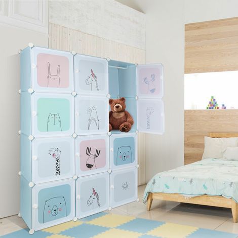Armoire modulable, 12 Cubes, Armoire en plastique, Economiser de l'espace Armoire pour enfants, Avec 2 crochets, 105x35x140cm, Bleu (1/5)