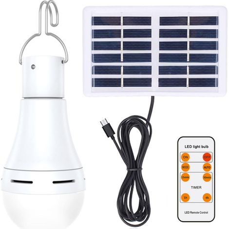 Bombilla LED solar interior/exterior, luz de emergencia portátil, mando a distancia, modos ajustables, temporizador, resistente al agua IP65. (1/5)