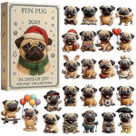 2026 Calendrier de Noël 24 jours Décoration de sapin de Noël en acrylique 2D Chien Carlin Ornament Calendrier de compte à rebours (1/4)