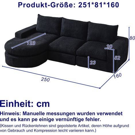 Canapé d'angle modulable 250x160x80 cm en chenille noire, gain de place, salon FloraGrace (1/5)