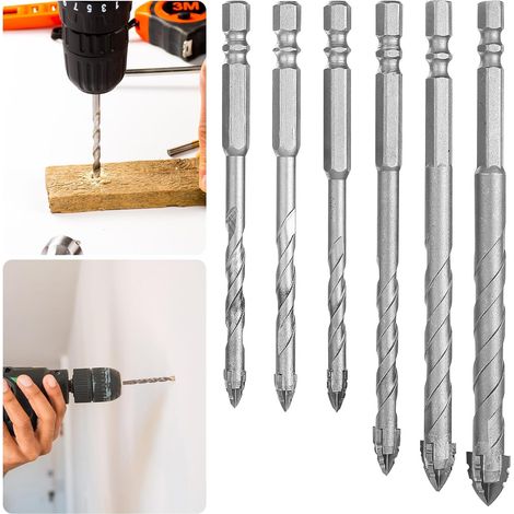 Set di 6 punte da trapano eccentriche seghettate a quattro taglienti, con punta in carburo ad alta resistenza, gambo esagonale da 1/4" per muratura, cemento, mattoni, metallo, legno, piastrelle (1/5)