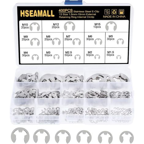400PCS 13Size En Acier Inoxydable E-Clip Anneau De Retenue Externe Snap Kit De Assortiment Anneau Anneau De Circlips Interne 1.5 / 2 / 2.5 / 3/4/5/6/7/8/9/10/12 / 15mm Avec Boîte En Plastique (1/5)