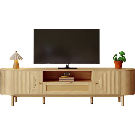 Meuble TV moderne avec tiroirs en rotin, niches ouvertes, plateau arrondi et pieds en métal finition bois, meuble multifonction pour salon (1/5)