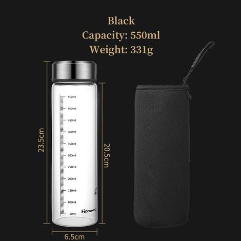(Noir, 550 ml) Bouteille d'eau portable en verre, thermos, avec graduations, adaptée aux sports de plein air. (1/5)