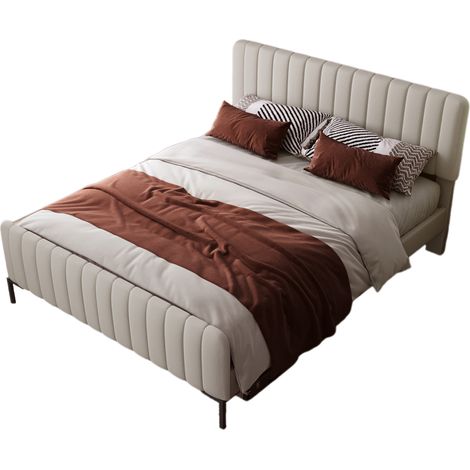 Cama para Adultos 140×200 cm de Lino, Cama Doble con Cabecero Regulable, Colchón Incluido, Gris Beige (1/5)