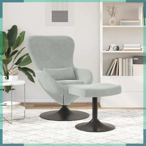 Chaise avec pouf - Chaise œuf - Velours gris clair - Base pivotante 360° - Pouf incurvé (1/5)
