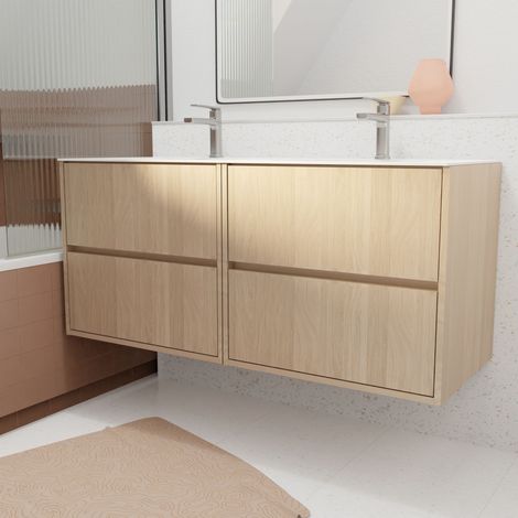 Pack Mueble de Baño 120 cm Roble Claro 4 Cajones con Lavabo de Cerámica (1/5)