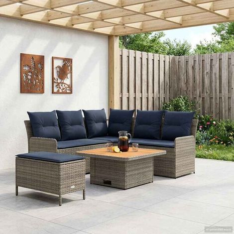 Ensemble de Meubles de Jardin 5 Pièces en Rotin Synthétique PE, Canapé d'Extérieur avec Coussins Gris et Bleu Marine (1/5)