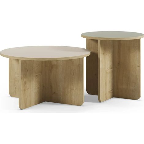 DUO ARIA - Ensemble de 2 tables basses rondes 50 et 70 cm pieds en mélamine - Chêne clair