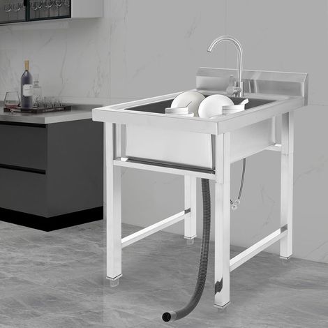 Freistehende Küchenspüle Edelstahl Spüle mit 1 Becken, Spültisch mit 360° Heiße & Kalte Wasserhahn, Outdoor Spüle Waschbecken Edelstahlspüle 60 x 60 x 93cm für Restaurant, Einstellbare Höhe (1/5)