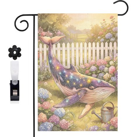 Drapeau de jardin bienvenue 30 x 45 cm motif baleine et vagues douces toile double face extérieure (1/5)