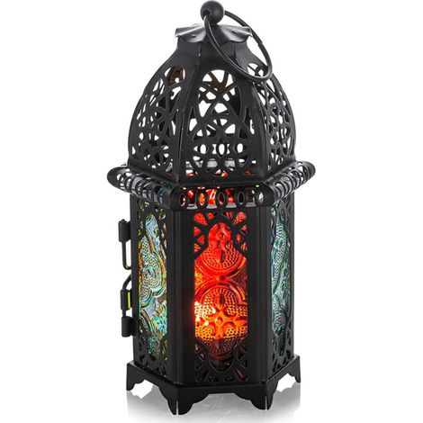 chandeliers en vitrail, lanternes en métal, bougeoirs parfumés, ornements en fer forgé, noir