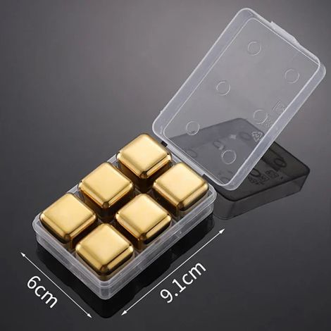 (6 pièces dorées) Pierres à whisky réutilisables, glaçons en acier inoxydable, granulés métalliques de qualité alimentaire, accessoires de bar pour rafraîchisseurs de vin et de bière. (1/5)