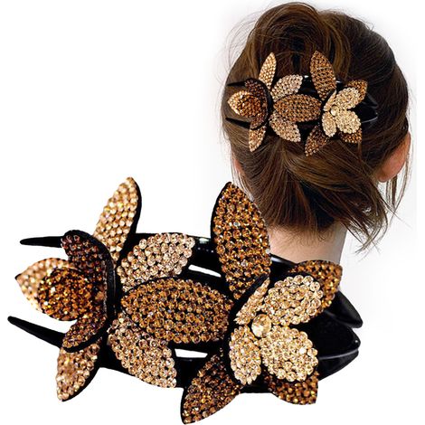 Pinza para el cabello con doble flor de cristal y diamantes de imitación, accesorio para el cabello para mujeres y niñas, pasadores elegantes. (1/4)