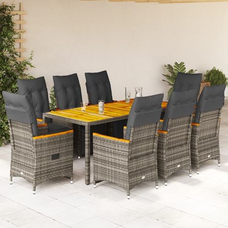 9-tlg. Garten-Bistro-Set mit Kissen Grau Poly Rattan (1/5)
