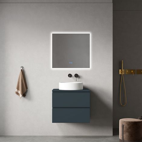Mobile bagno sospeso 60 cm Blu Mare per Lavabo d'appoggio Specchio Quadro Retroilluminato - Fiji Paint Top