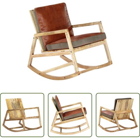 Fauteuil à bascule - Chaise à bascule Marron Cuir véritable et manguier massif (1/5)