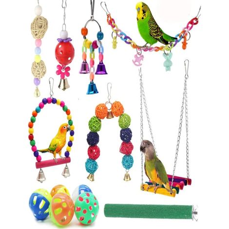 Juguetes colgantes para pájaros: columpios con cascabeles masticables, 12 piezas, para periquitos, agapornis, cacatúas, guacamayos y pinzones. (1/2)