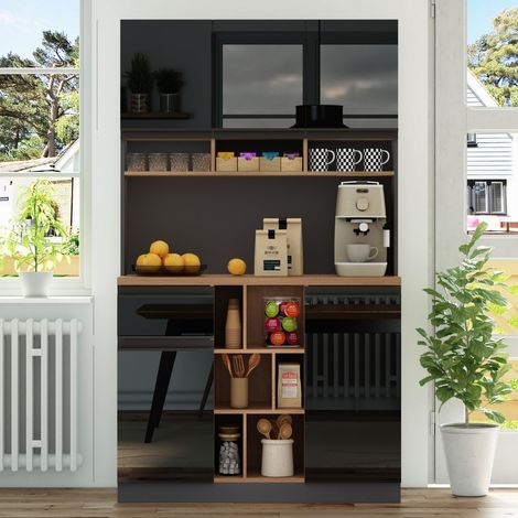 Buffet de Cuisine Haut 105 x 45 x 185 cm - 5 Portes & 1 Tiroir - Plan de Travail Bois - Style Moderne - Noir Haute Brillance (1/5)