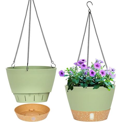 Lot de 2 jardinières suspendues, 20.3 cm de diamètre pour l'intérieur et l'extérieur, Pot de Fleurs Suspendu avec Trou de Drainage et 3 Crochets pour Le Jardin et la Maison (Vert) (1/5)