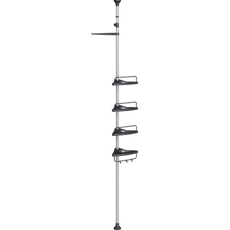 Étagère d'angle de salle de bain réglable en hauteur, panier de douche, organisateur de douche, poteau de 95-300 cm de hauteur en acier inoxydable, avec 4 étagères, argent et noir (1/5)