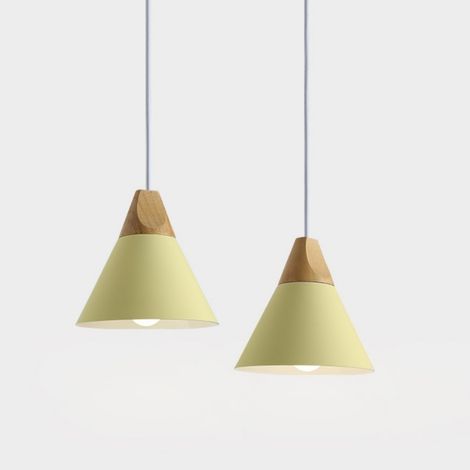 2 Stück Moderne Pendelleuchte Industrielle Hängelampe Holz Metall Deckenleuchten für Esszimmer Küche Gelb Ø22cm