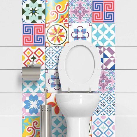 Sticker Adhésifs Carrelages Autocollant Ornements Folklorique Carreaux de Ciment Carrelage Sticker Mural Salle de Bain et Cuisine  24 Pièces de 15 x 15 cm (1/4)