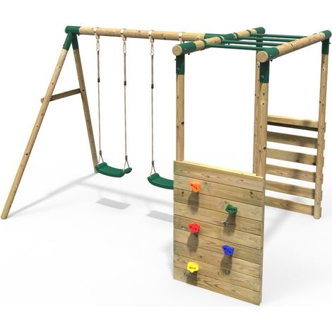 Rebo Wooden Children's Garden Swing Set with Monkey Bars - Double Swing - Venus Green (1/5)